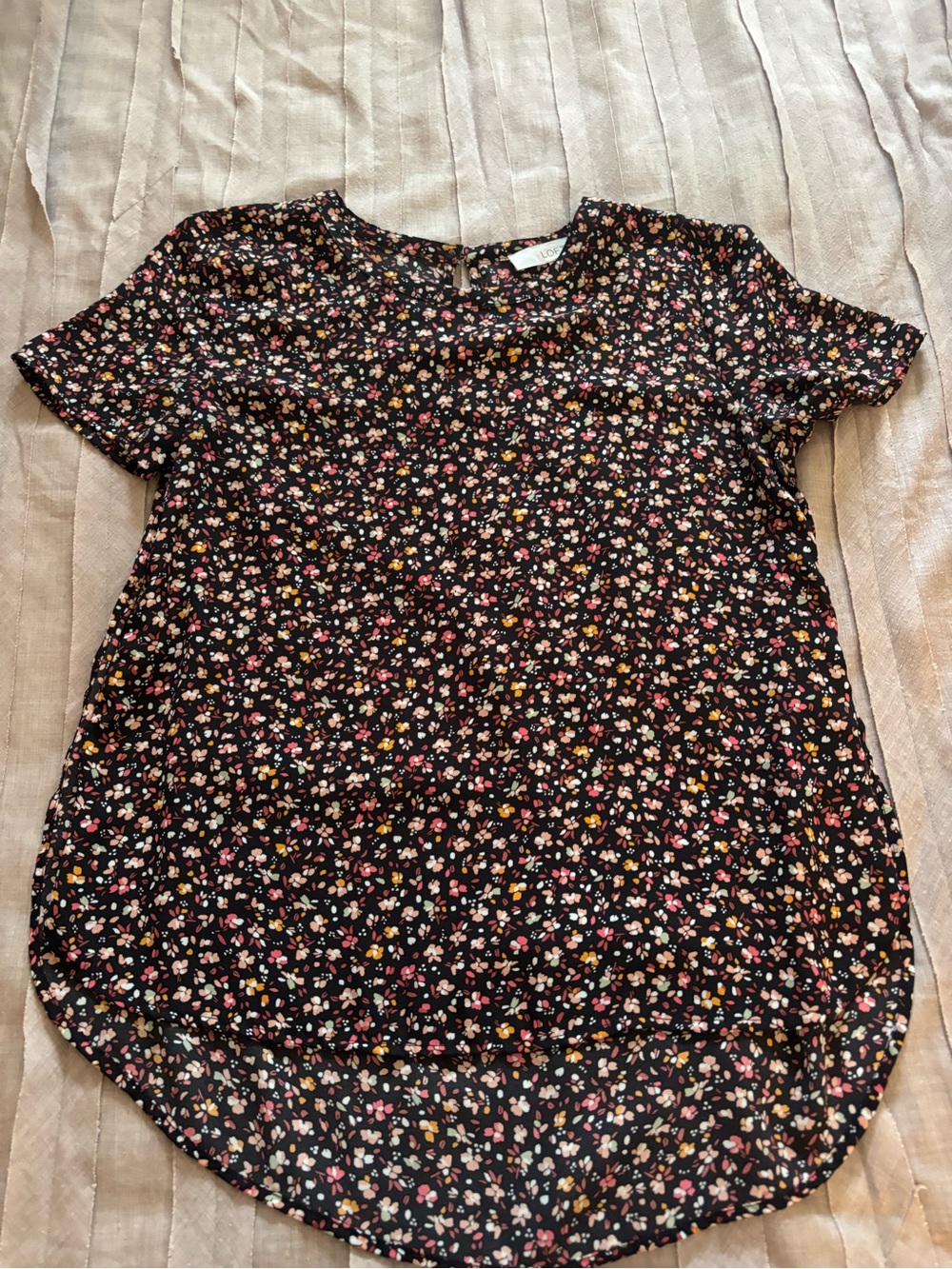 LOFT Black Floral Short-Sleeve Top with Multicolor Print
